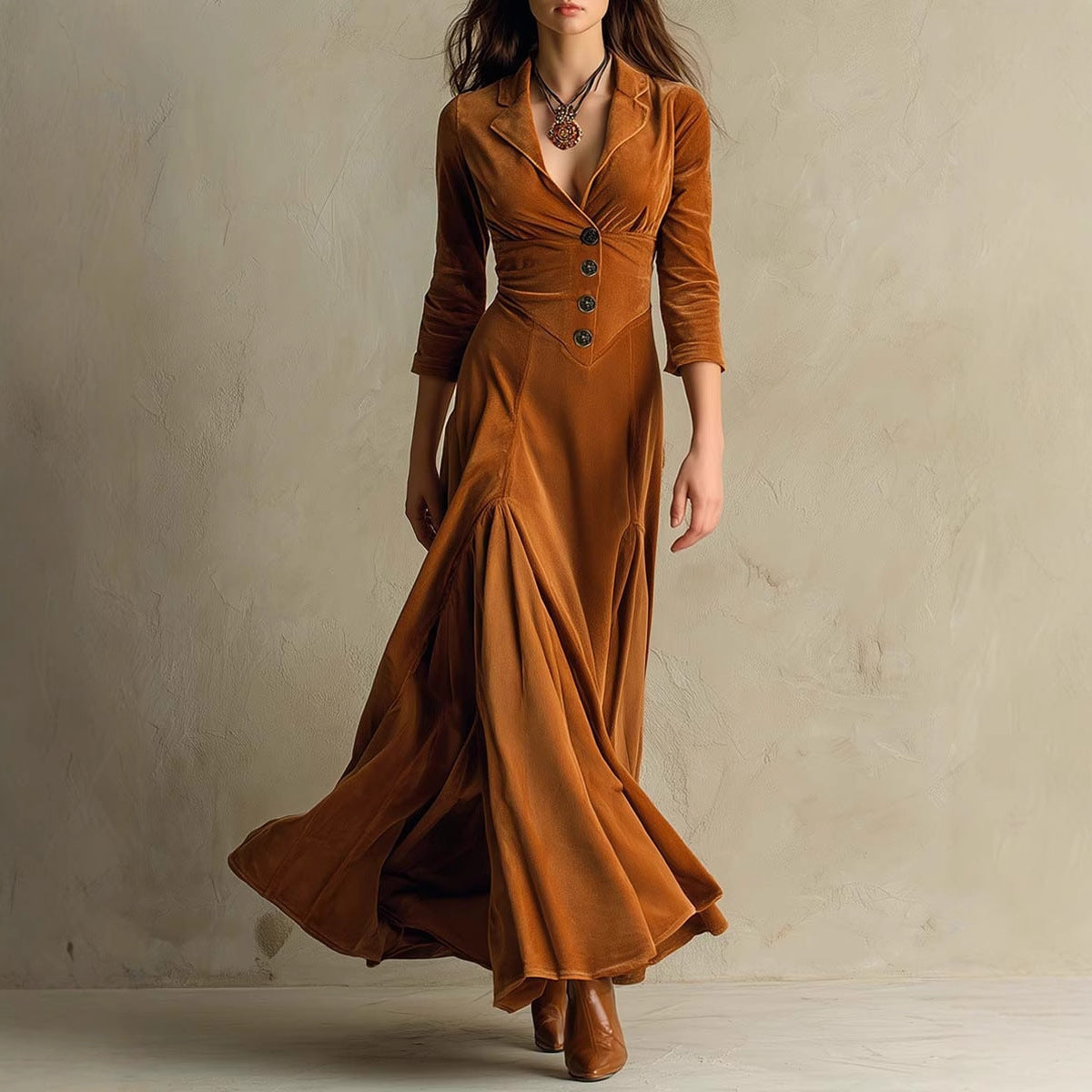 Button Lapel Maxi Dress