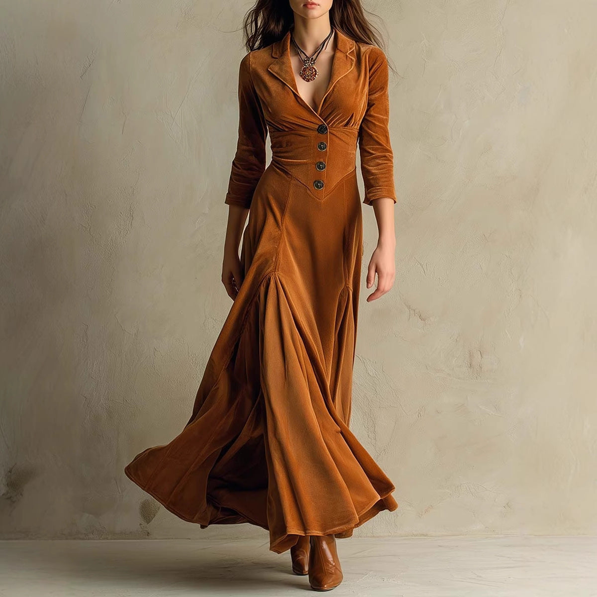 Button Lapel Maxi Dress