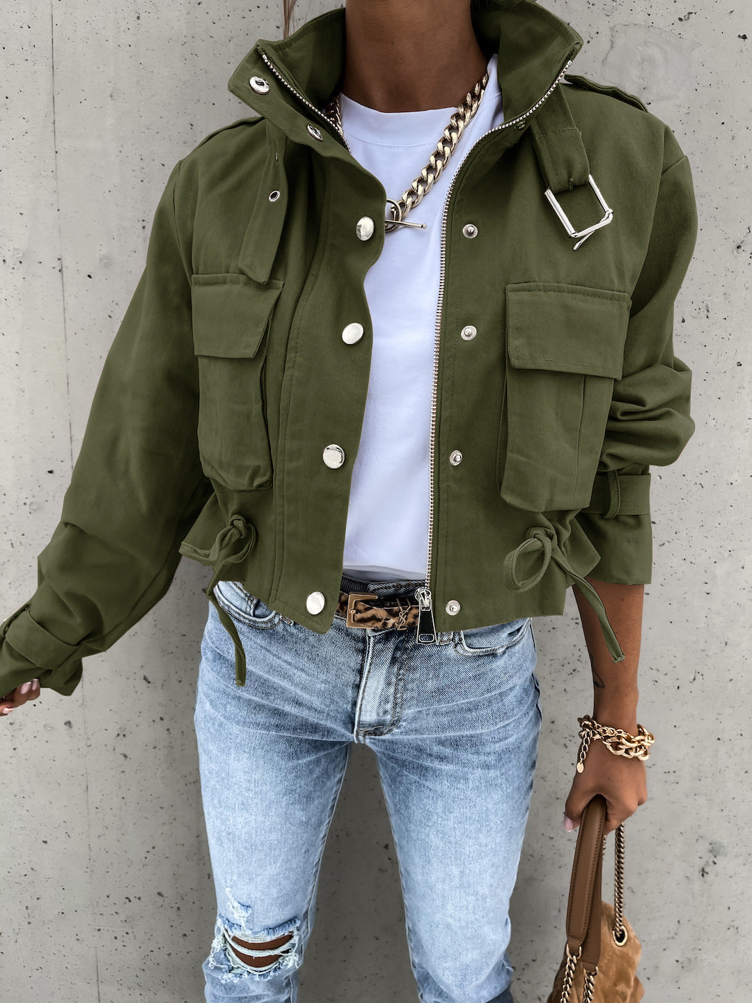 Women's New Motorcycle Jacket Coat Crop Top