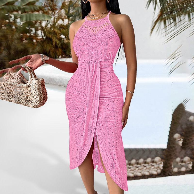 Halter Neck Ruched Midi Dress