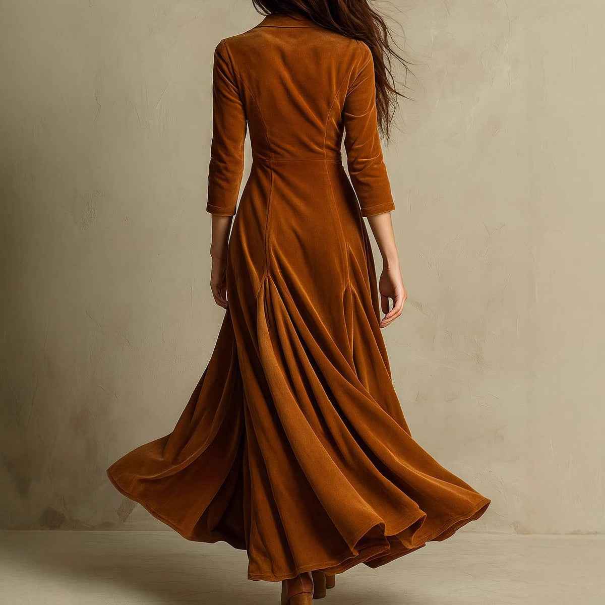 Solid Color Buttons Lapel 34 Sleeve Maxi Dress Waist Expansion Skirt