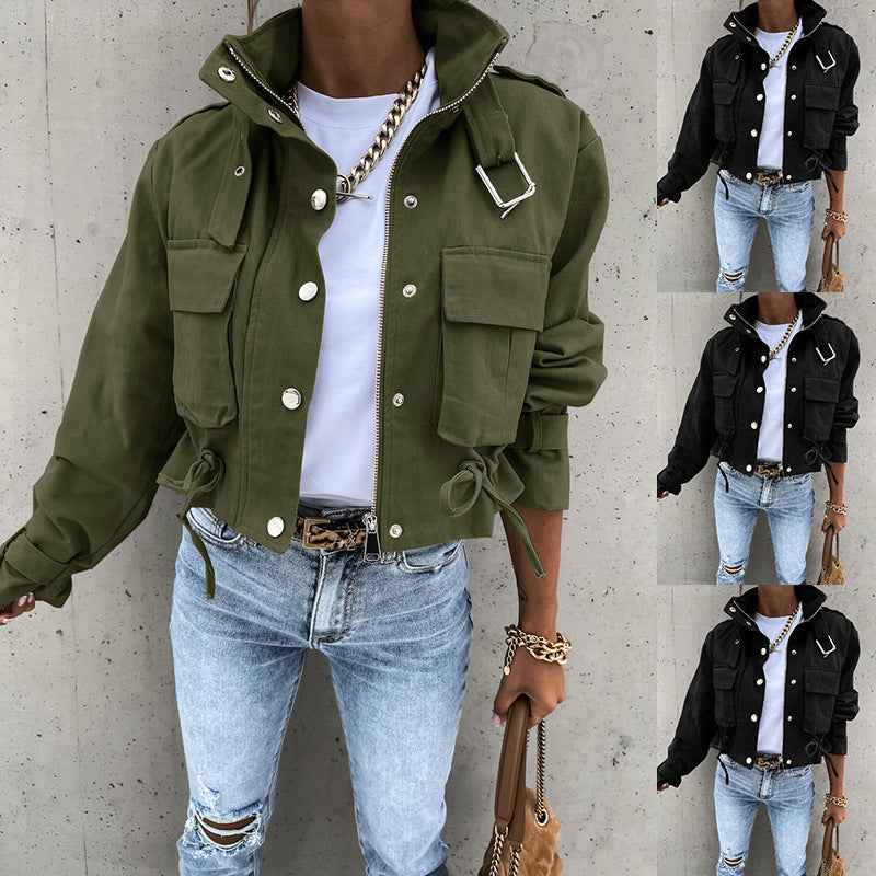 Women's New Motorcycle Jacket Coat Crop Top