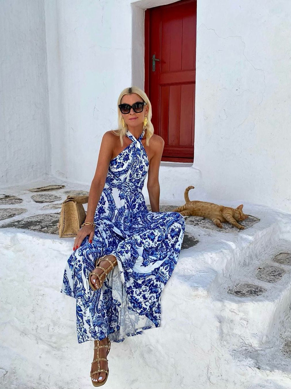 Printed Backless Halter Maxi Dress