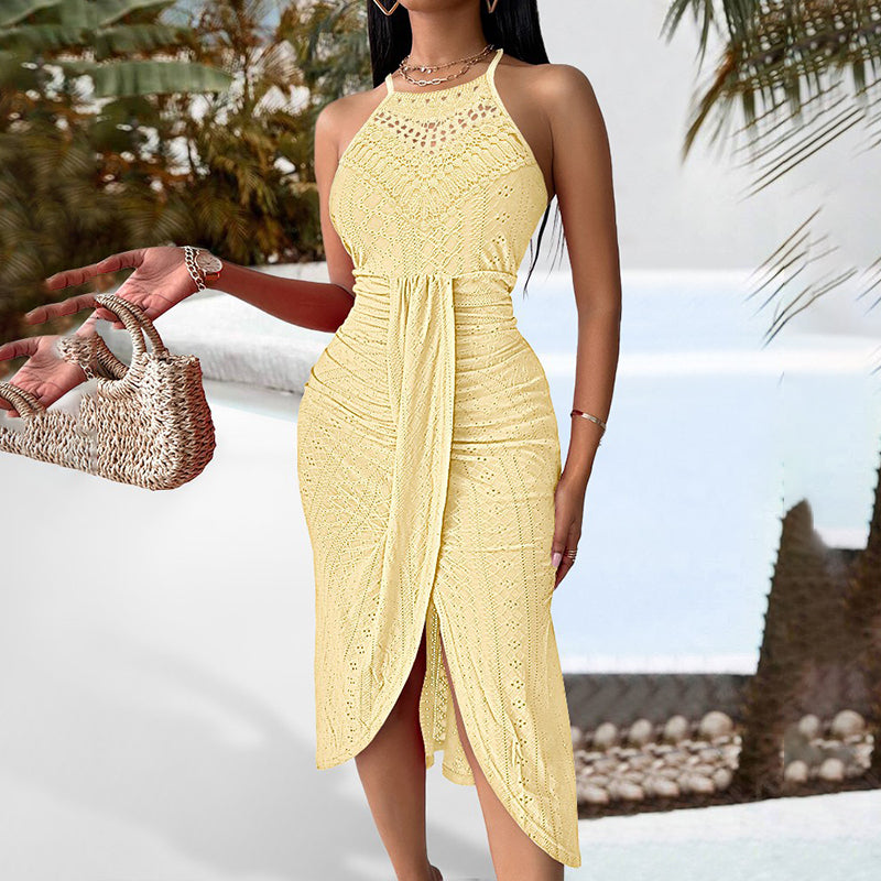 Halter Neck Ruched Midi Dress