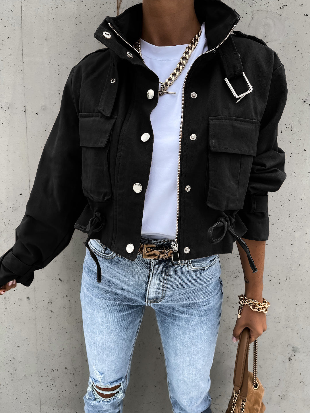 Women's New Motorcycle Jacket Coat Crop Top