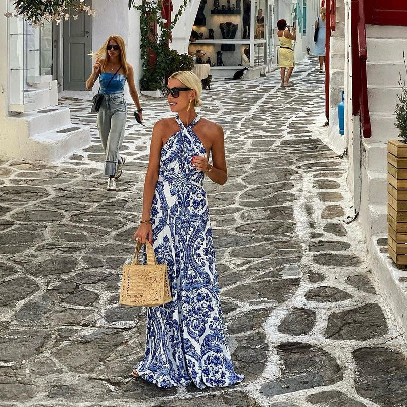 Printed Backless Halter Maxi Dress