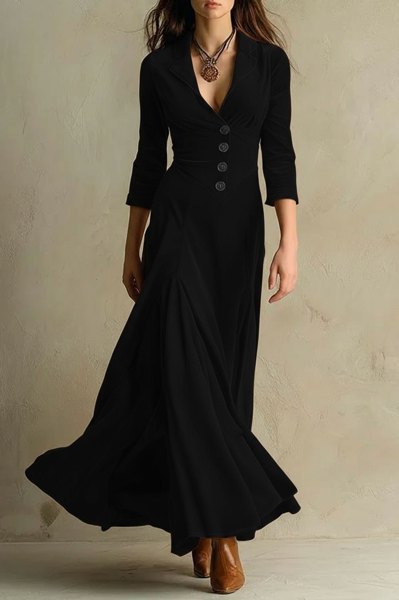 Button Lapel Maxi Dress